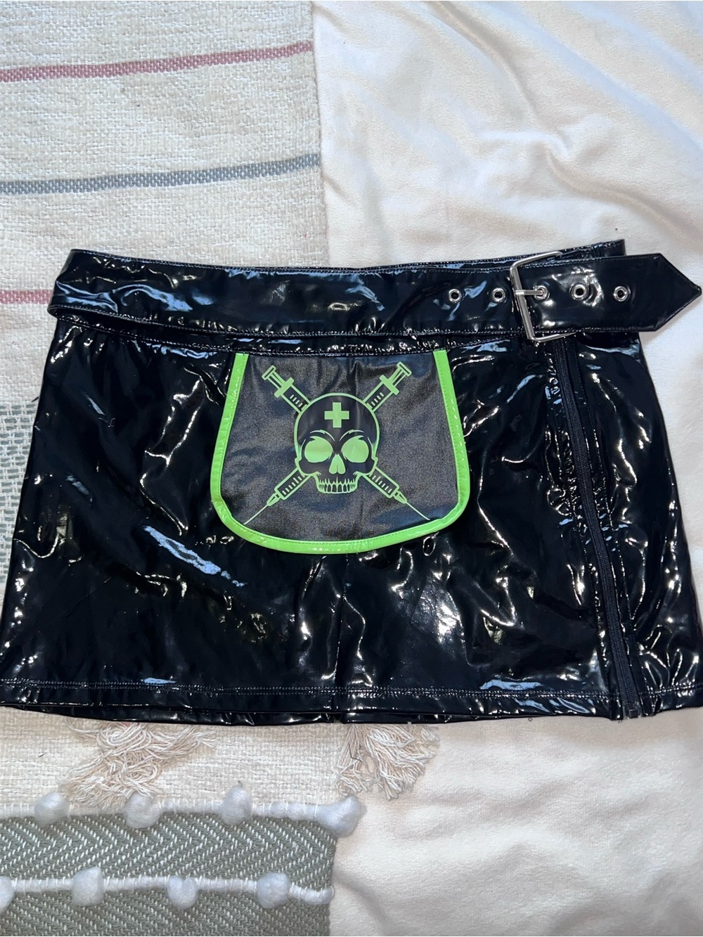Dolls Kill Black Patent Mini Skirt with Neon Green Skull Pocket